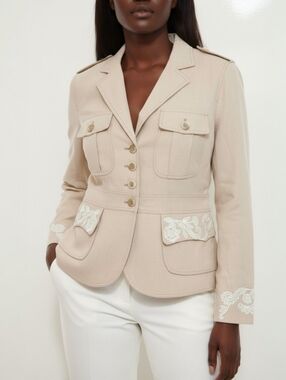 Etro Milano Embroidered Linen Blazer Beige Peplum Jacket IT 46 US 10